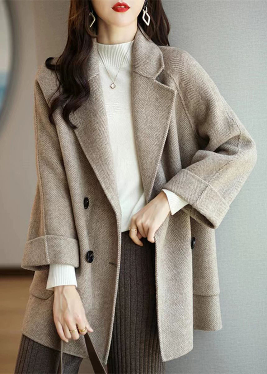 Loose Grey Notched Pockets Double Breast Woolen Coat Winter RS020 ABC