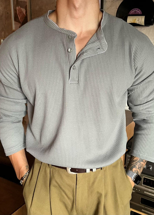 Solid Spring Men T Button Shirts Neck Grey Loose Cotton O FashionChic