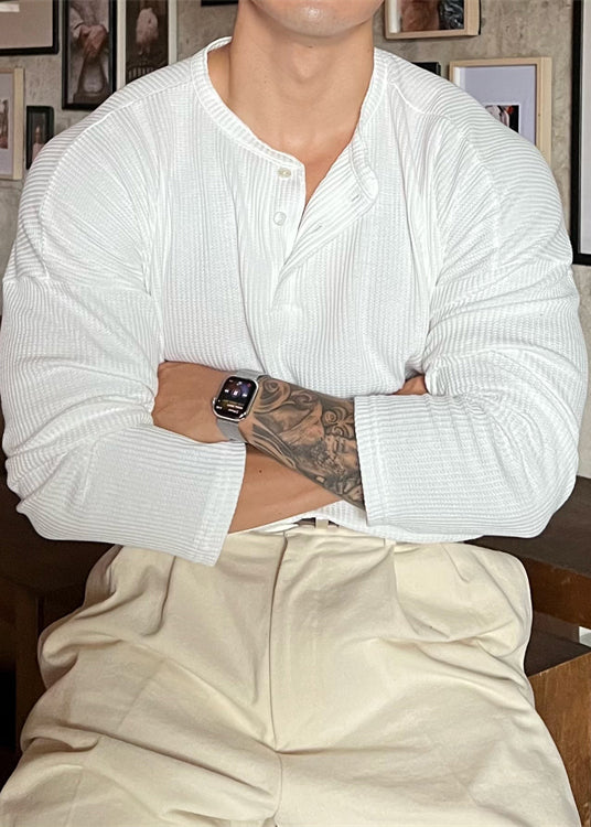 Solid Spring Men T Button Shirts Neck Grey Loose Cotton O FashionChic