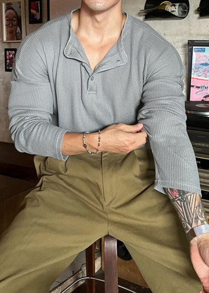 Solid Spring Men T Button Shirts Neck Grey Loose Cotton O FashionChic