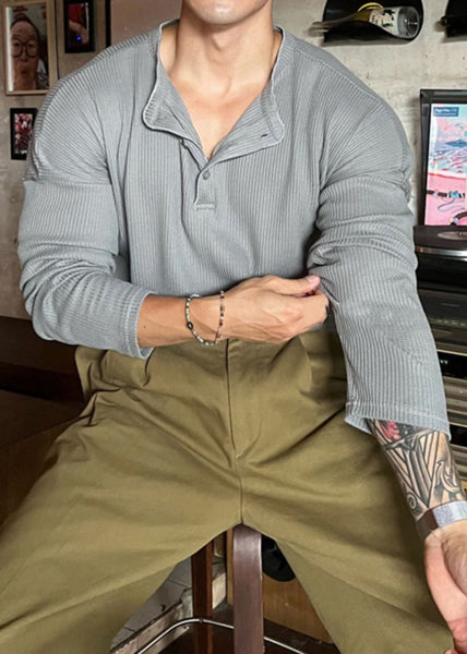 Solid Spring Men T Button Shirts Neck Grey Loose Cotton O FashionChic