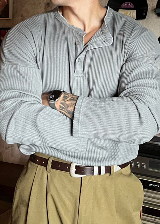 Solid Spring Men T Button Shirts Neck Grey Loose Cotton O FashionChic