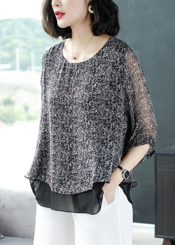 Loose Grey O Neck Chiffon Patchwork Top Bracelet Sleeve Ada Fashion