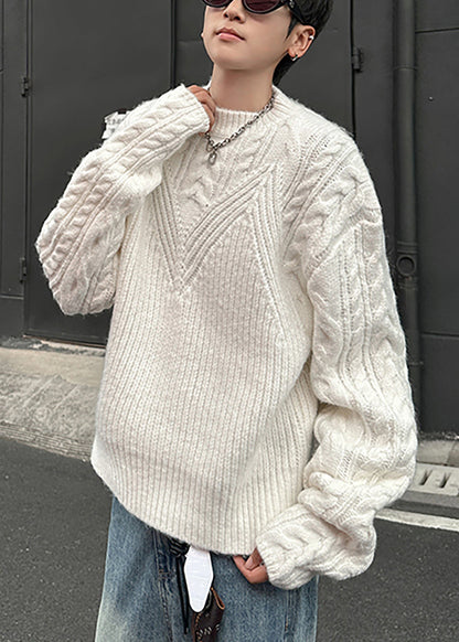Loose Grey O Neck Cozy Cable Knit Men Sweaters Spring TK006