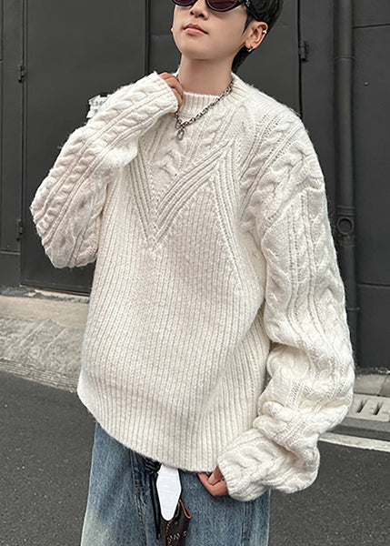 Loose Grey O Neck Cozy Cable Knit Men Sweaters Spring TK006