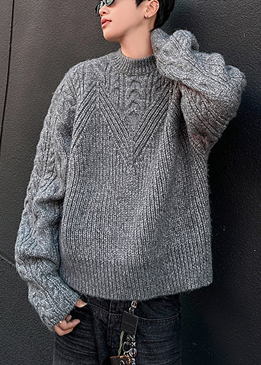 Loose Grey O Neck Cozy Cable Knit Men Sweaters Spring TK006