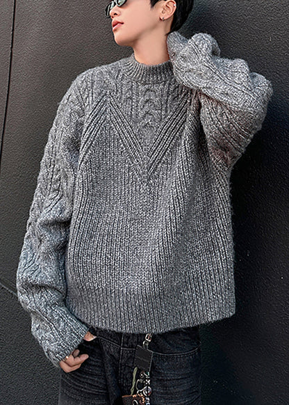 Loose Grey O Neck Cozy Cable Knit Men Sweaters Spring TK006