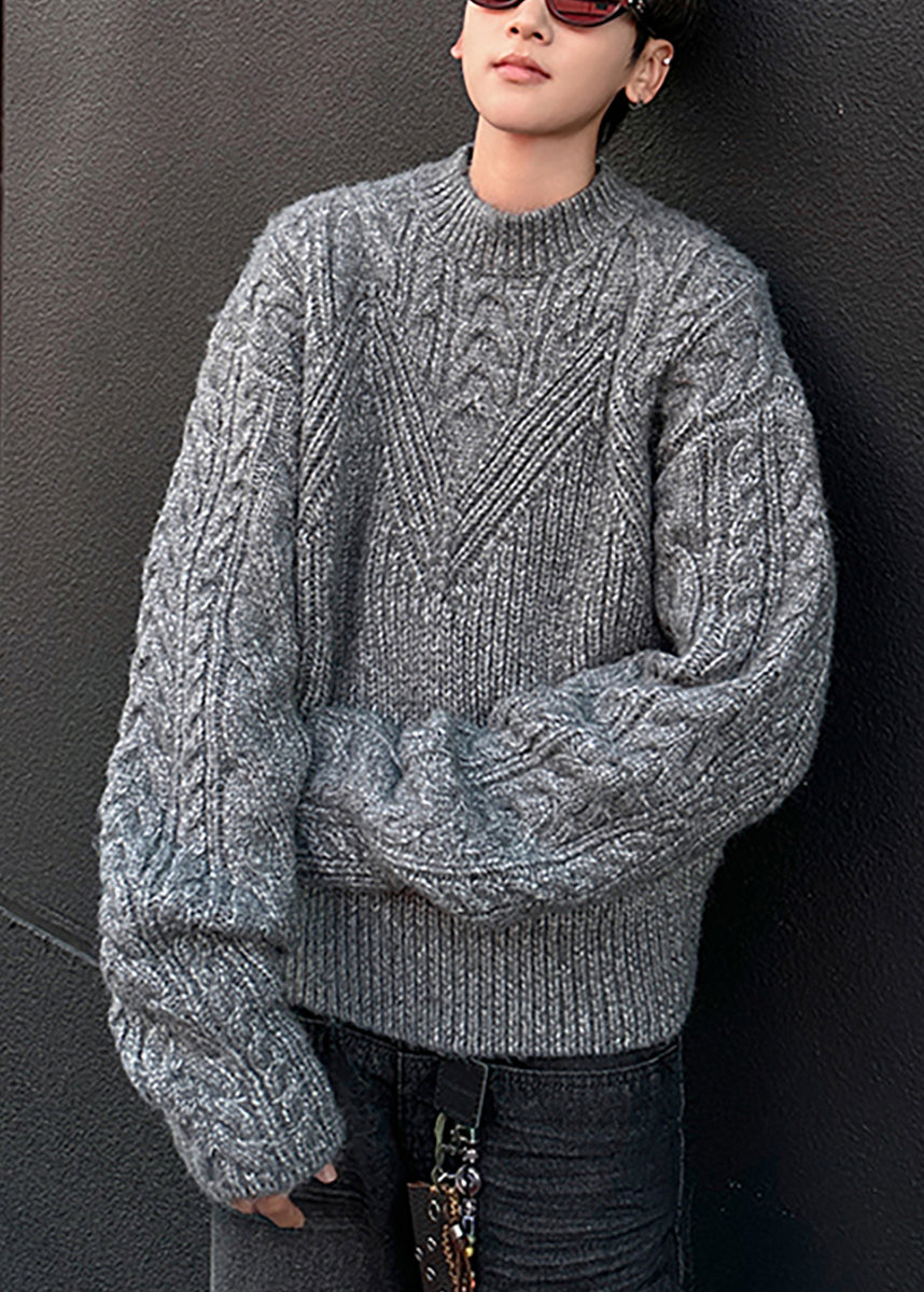Loose Grey O Neck Cozy Cable Knit Men Sweaters Spring TK006