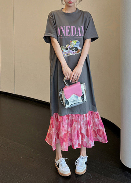 Loose Grey O-Neck Print Chiffon Patchwork Long Dress Summer UU1018 SH-LF-SDL240526