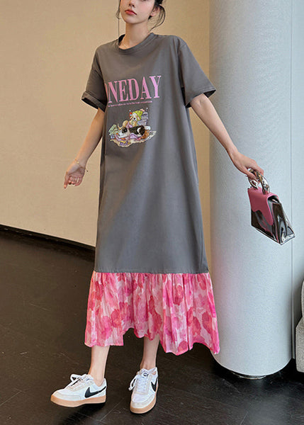 Loose Grey O-Neck Print Chiffon Patchwork Long Dress Summer UU1018 SH-LF-SDL240526