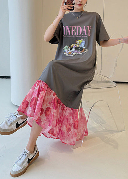 Loose Grey O-Neck Print Chiffon Patchwork Long Dress Summer UU1018 SH-LF-SDL240526