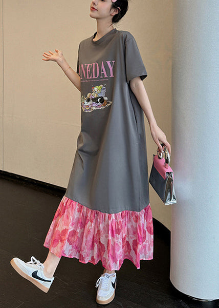 Loose Grey O-Neck Print Chiffon Patchwork Long Dress Summer UU1018 SH-LF-SDL240526