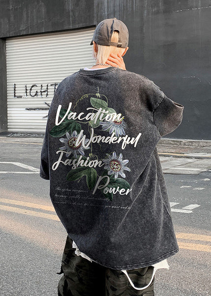 Neck Grey T Loose Print Cotton Summer O Men Shirt FashionChic