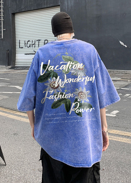 Neck Grey T Loose Print Cotton Summer O Men Shirt FashionChic