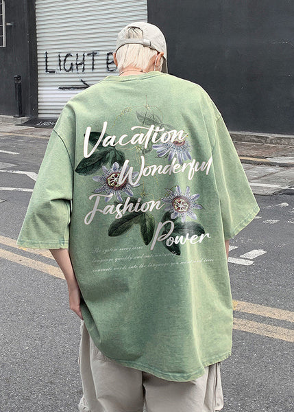 Neck Grey T Loose Print Cotton Summer O Men Shirt FashionChic