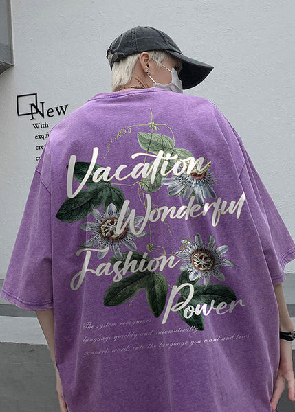 Neck Grey T Loose Print Cotton Summer O Men Shirt FashionChic