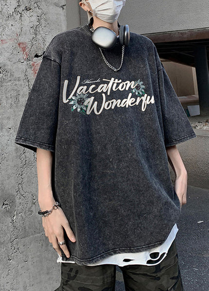 Neck Grey T Loose Print Cotton Summer O Men Shirt FashionChic