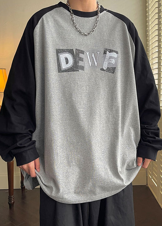 Shirt Spring Men Neck Loose T Cotton Patchwork Print Grey O FashionChic