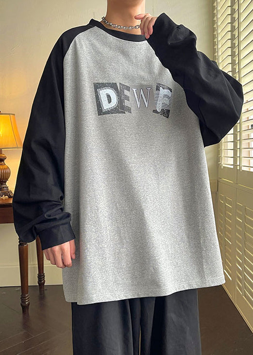 Shirt Spring Men Neck Loose T Cotton Patchwork Print Grey O FashionChic