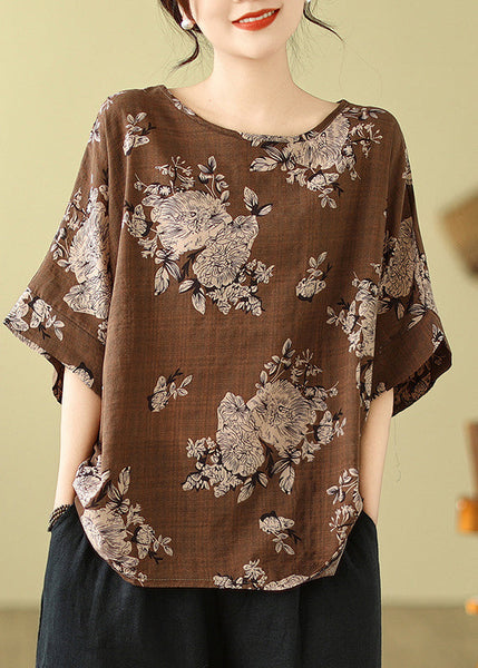 Short Loose T Shirt Print O-Neck Sleeve Grey FashionChic