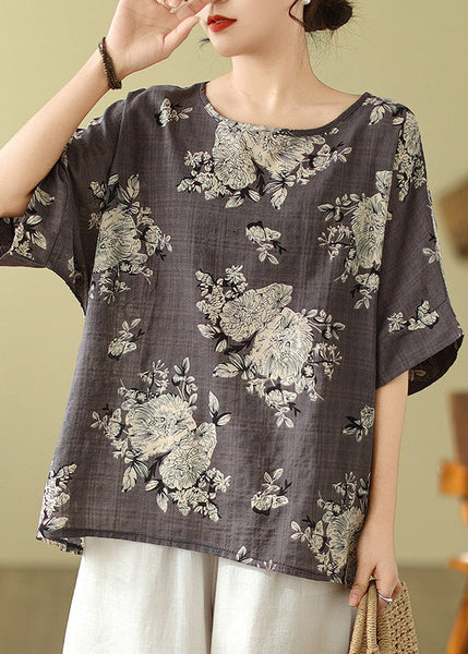 Short Loose T Shirt Print O-Neck Sleeve Grey FashionChic