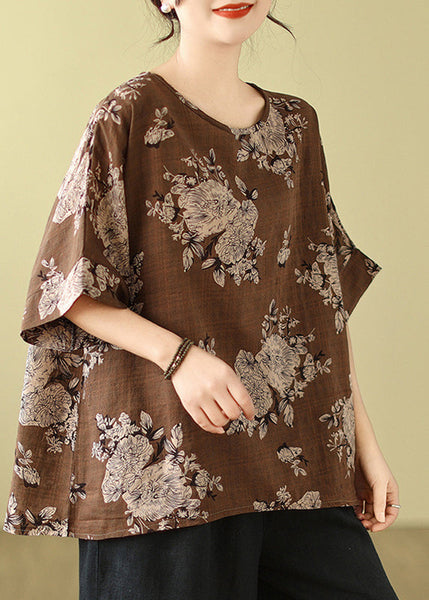 Short Loose T Shirt Print O-Neck Sleeve Grey FashionChic