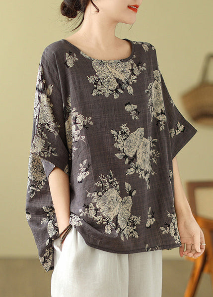 Short Loose T Shirt Print O-Neck Sleeve Grey FashionChic