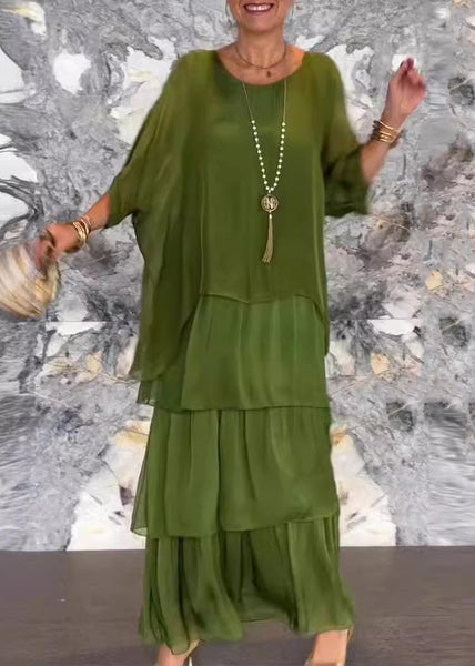 Loose Grey O Neck Solid Chiffon Long Dress Half Sleeve BB039 Hawaii-SDL240622