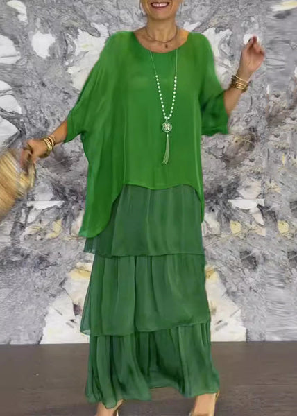 Loose Grey O Neck Solid Chiffon Long Dress Half Sleeve BB039 Hawaii-SDL240622