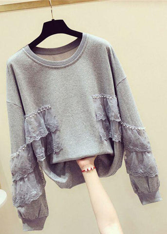 Loose Grey Pearl Lace Patchwork Cotton Streetwear Spring TD031