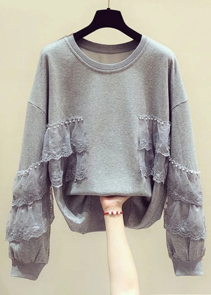 Loose Grey Pearl Lace Patchwork Cotton Streetwear Spring TD031