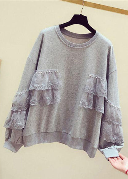Loose Grey Pearl Lace Patchwork Cotton Streetwear Spring TD031