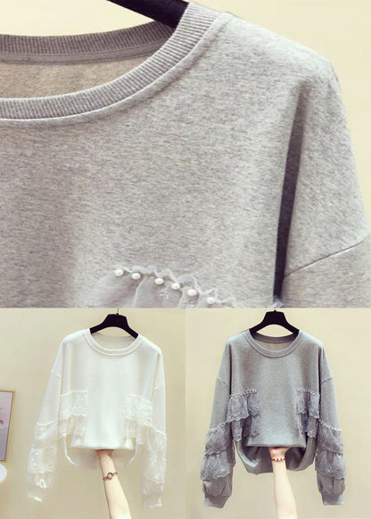 Loose Grey Pearl Lace Patchwork Cotton Streetwear Spring TD031