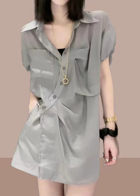 Loose Grey Peter Pan Collar Button Cotton Two Piece Set Summer GH1023 Ada Fashion