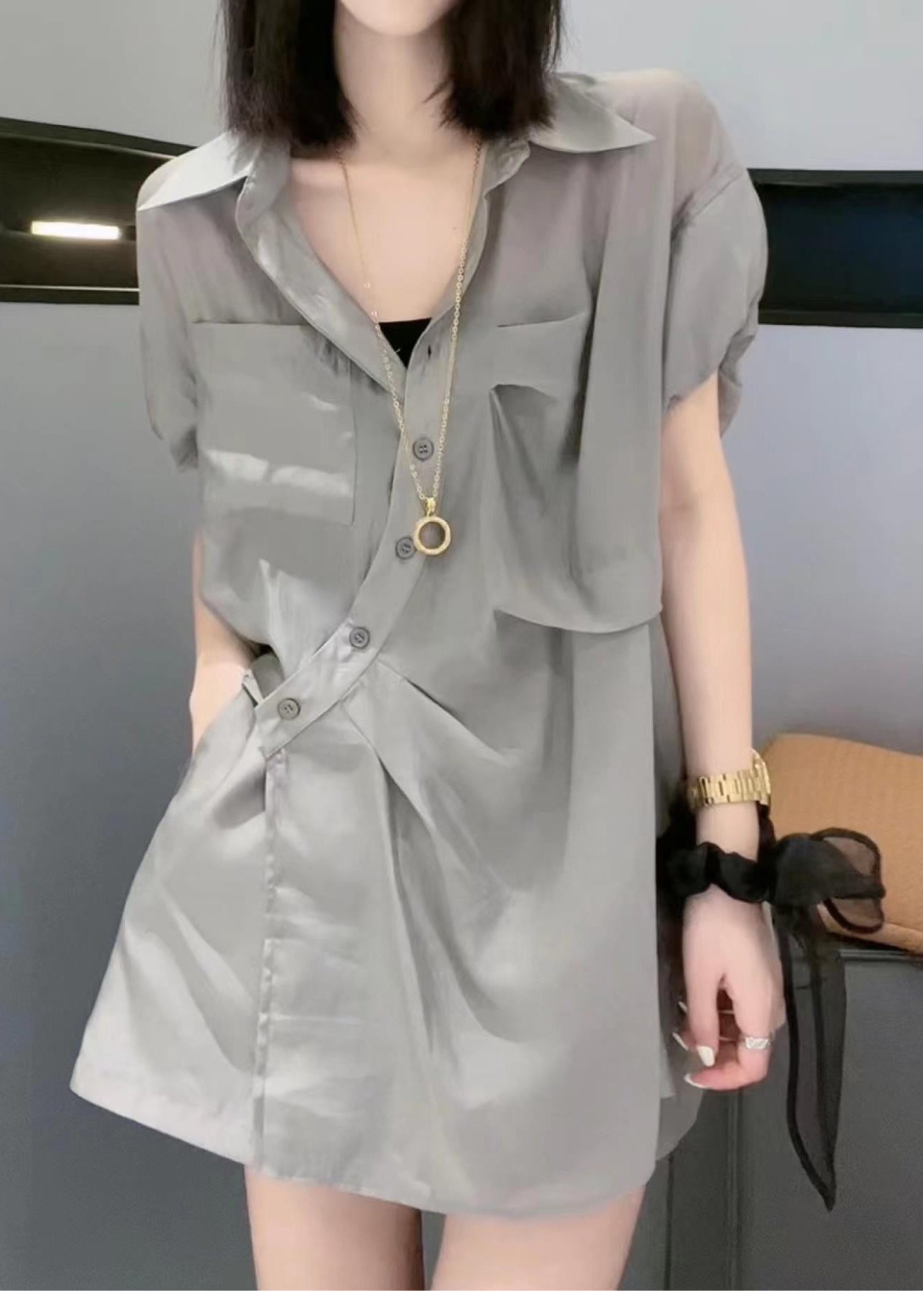 Loose Grey Peter Pan Collar Button Cotton Two Piece Set Summer GH1023 Ada Fashion