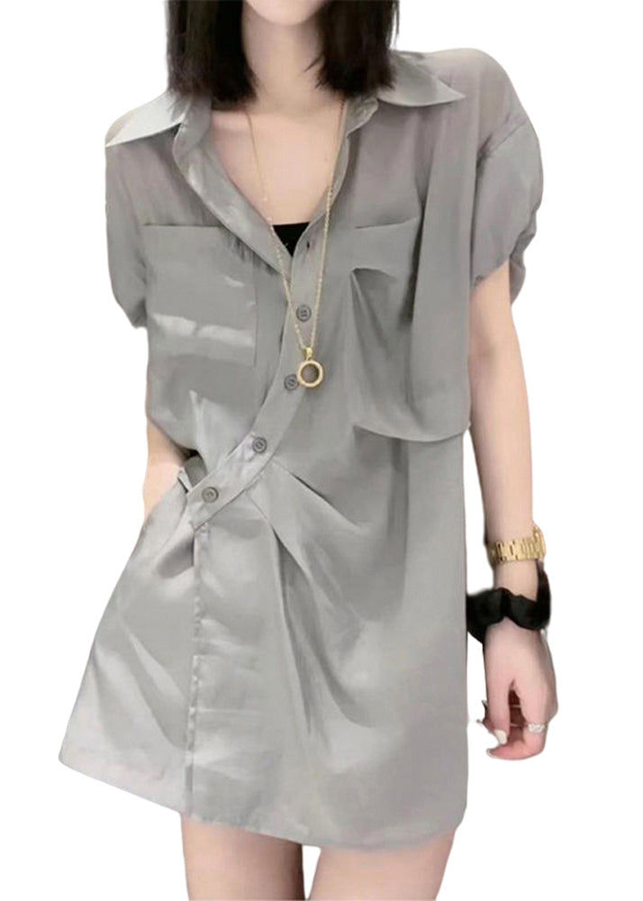 Loose Grey Peter Pan Collar Button Cotton Two Piece Set Summer GH1023 Ada Fashion