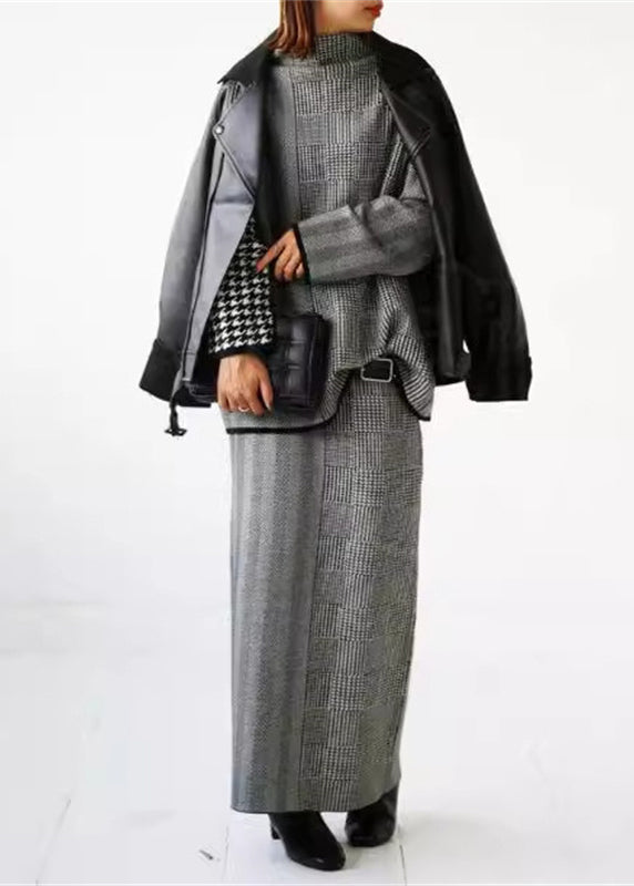 Loose Grey Plaid Knit Sweaters And Skirts Two Piece Set Outfits Fall WE017 HS-TPIEC241028