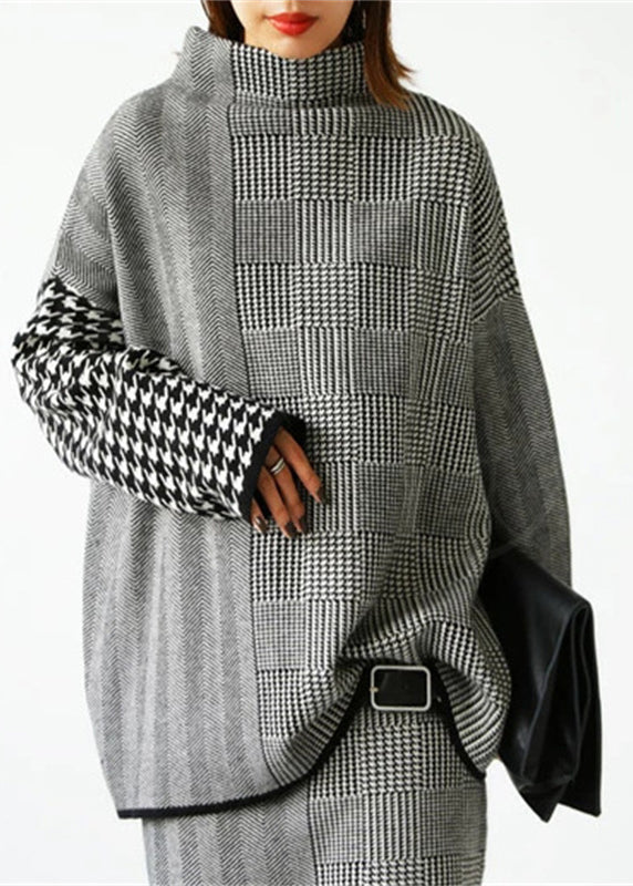 Loose Grey Plaid Knit Sweaters And Skirts Two Piece Set Outfits Fall WE017 HS-TPIEC241028