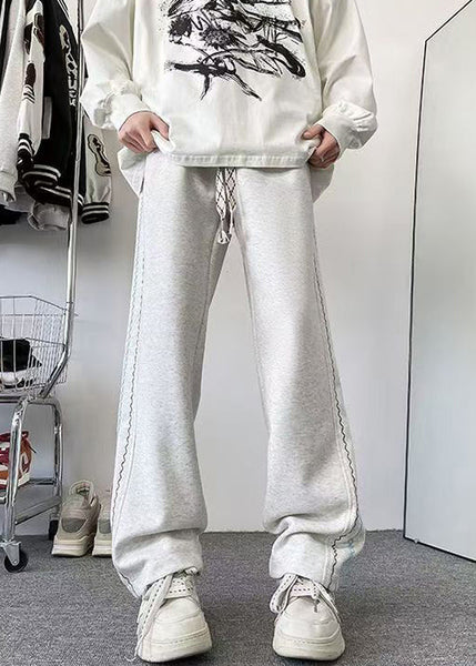 Loose Grey Pockets Elastic Waist Cotton Men Pants Fall WA053 MENP241110