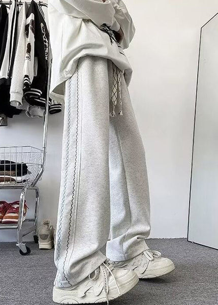 Loose Grey Pockets Elastic Waist Cotton Men Pants Fall WA053 MENP241110