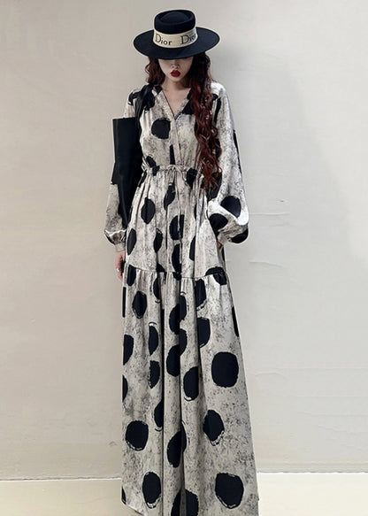 Loose Grey Print Lace Up Pockets Cotton Long Dresses Spring KK039 SH-LF-FDL240602