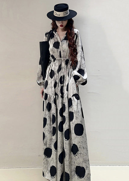 Loose Grey Print Lace Up Pockets Cotton Long Dresses Spring KK039 SH-LF-FDL240602