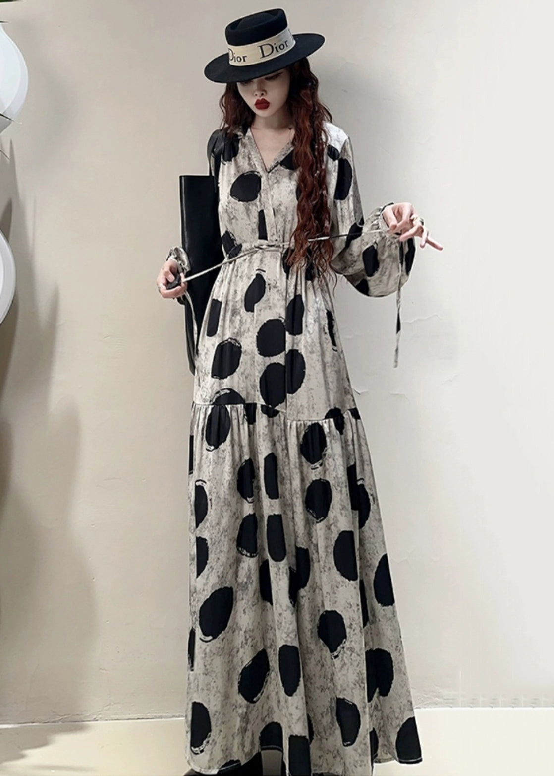 Loose Grey Print Lace Up Pockets Cotton Long Dresses Spring KK039 SH-LF-FDL240602