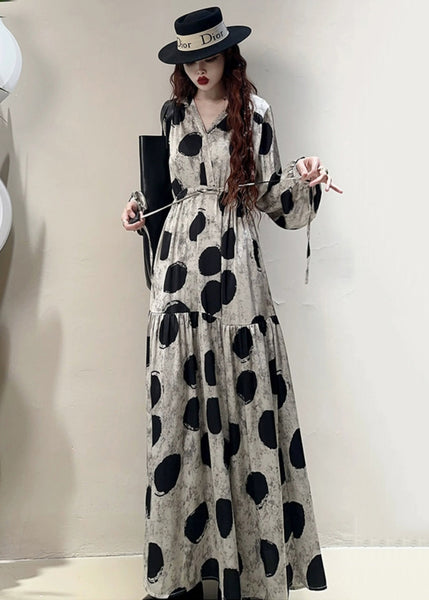 Loose Grey Print Lace Up Pockets Cotton Long Dresses Spring KK039 SH-LF-FDL240602