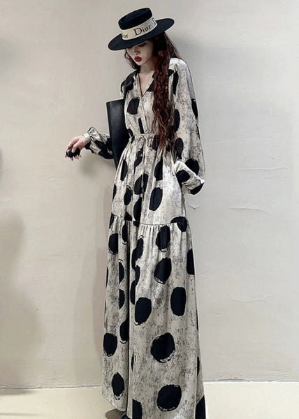 Loose Grey Print Lace Up Pockets Cotton Long Dresses Spring KK039 SH-LF-FDL240602