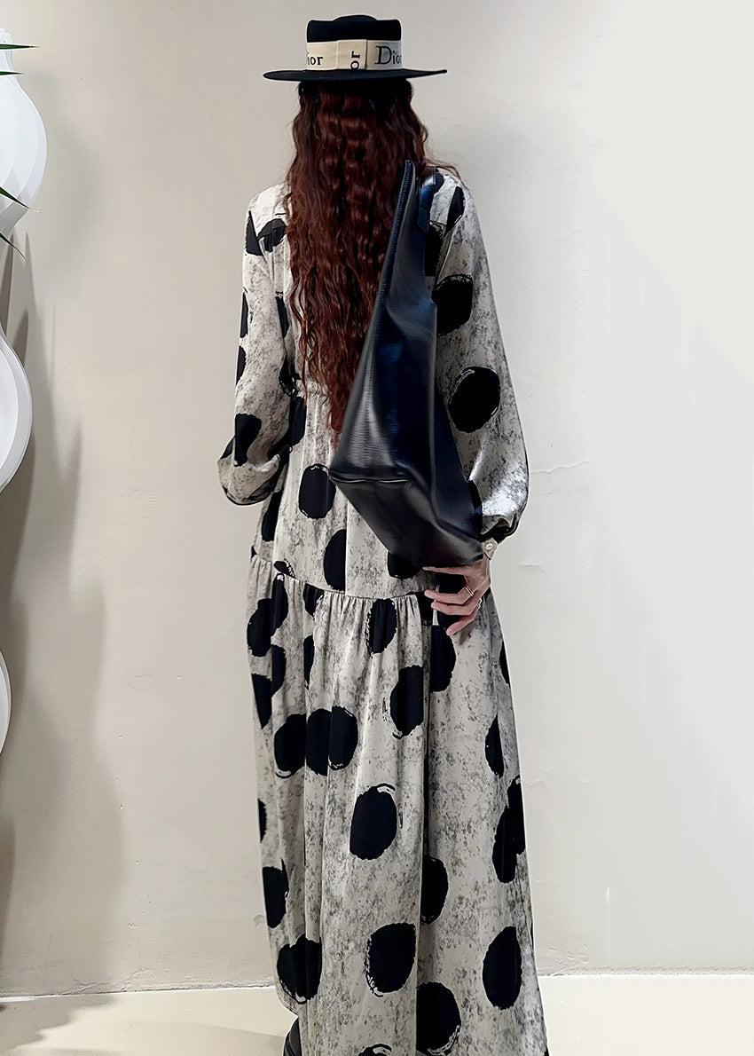 Loose Grey Print Lace Up Pockets Cotton Long Dresses Spring KK039 SH-LF-FDL240602