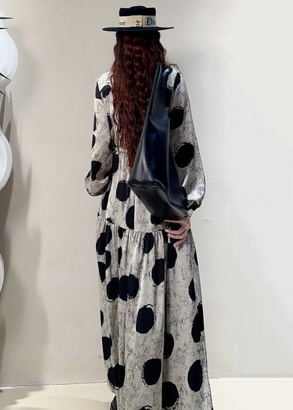 Loose Grey Print Lace Up Pockets Cotton Long Dresses Spring KK039 SH-LF-FDL240602