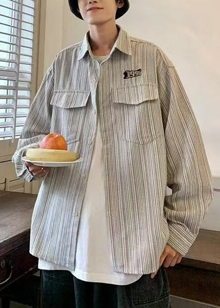 Men Loose Spring Pockets Grey Shirt Button Striped Cotton FashionChic