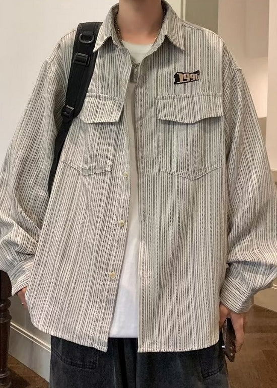 Men Loose Spring Pockets Grey Shirt Button Striped Cotton FashionChic