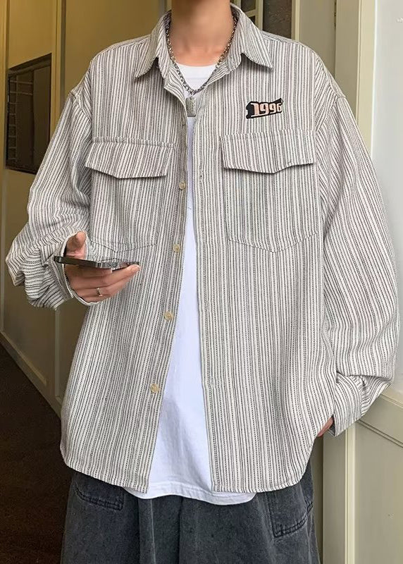 Men Loose Spring Pockets Grey Shirt Button Striped Cotton FashionChic